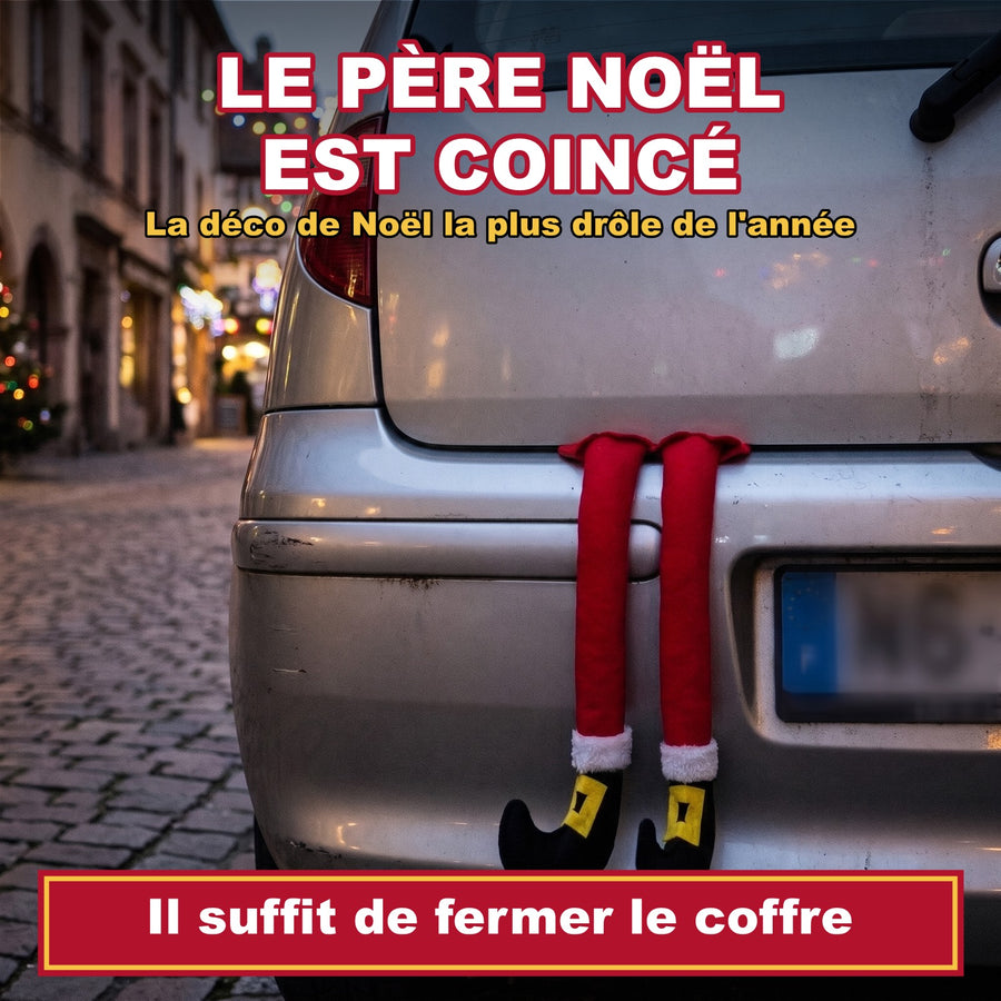 Jambes du Père Noël coincées dans un coffre de voiture