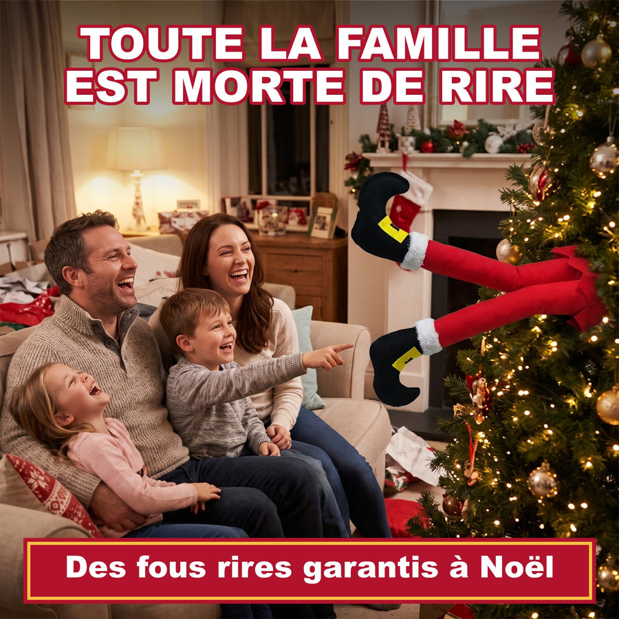 Famille qui rit devant les jambes dans le sapin