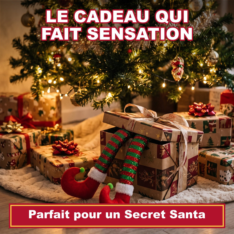 Jambes de lutin qui sortent d'un paquet cadeau