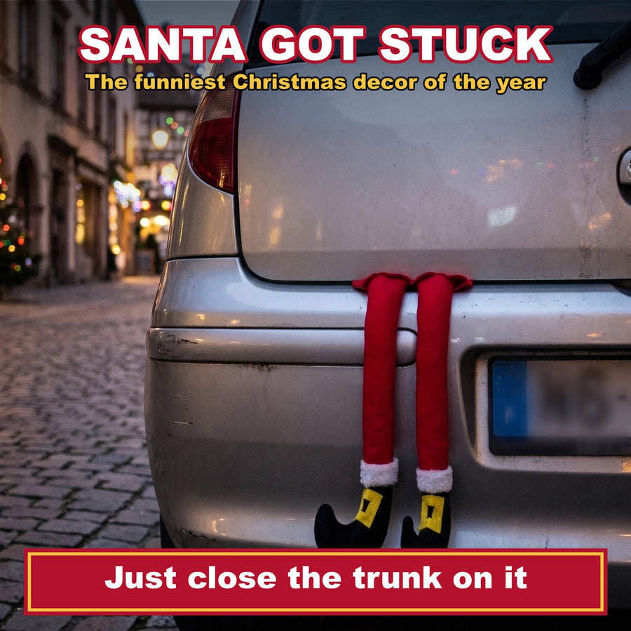 Santa legs stuck in a car trunk