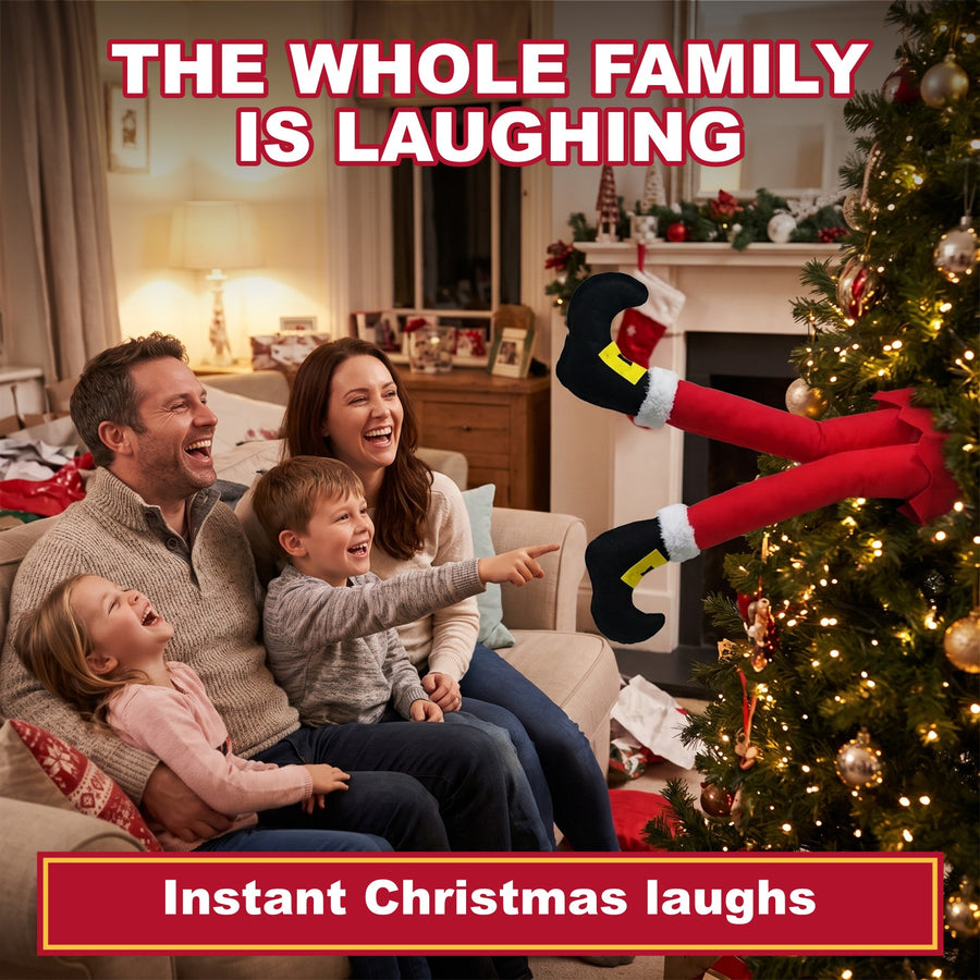 Family laughing at the Santa legs in their tree